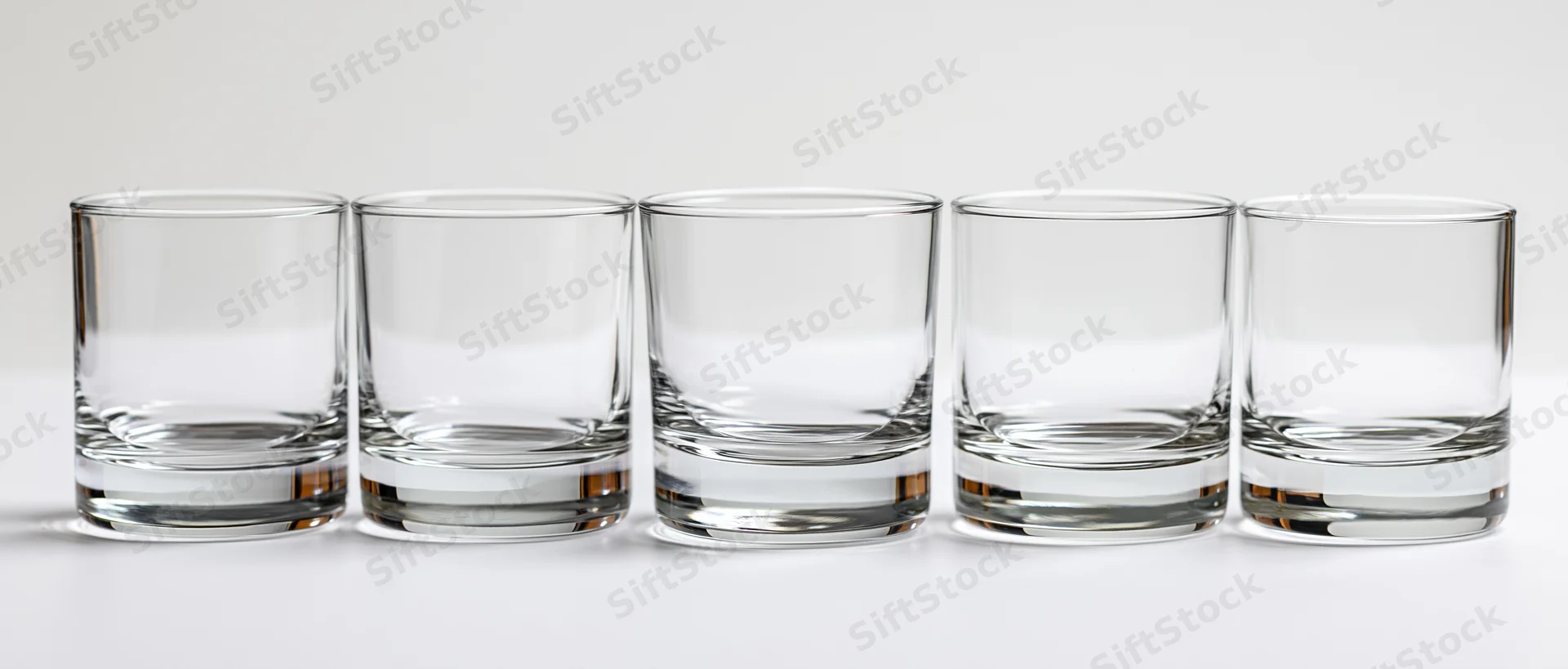 Five empty rocks glasses lined up in a row on a white surface
