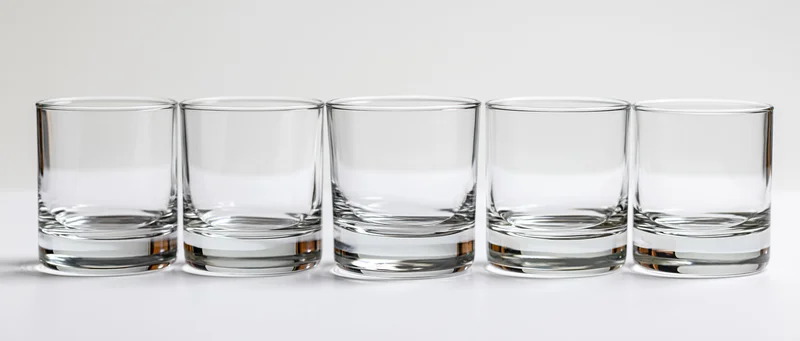 Five empty rocks glasses lined up in a row on a white surface