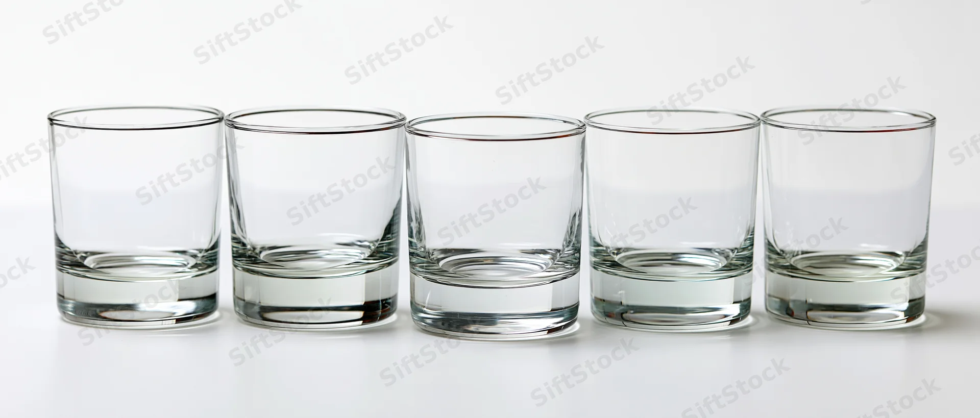 Five empty rocks glasses arranged in a row on a white surface