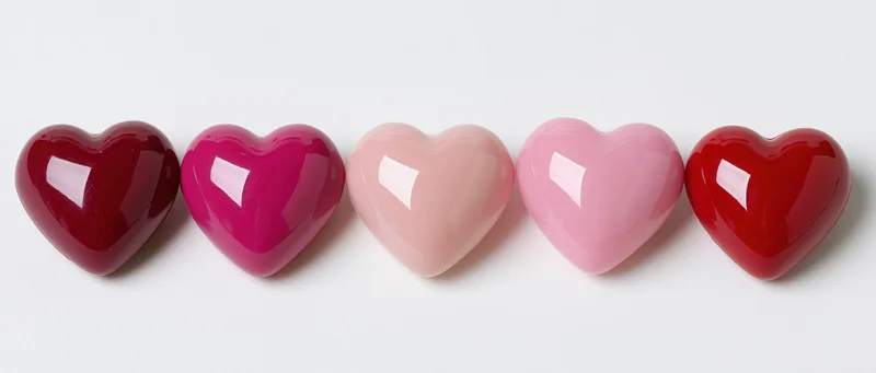 Five glossy 3d hearts in pink and red arranged in a row on a white surface