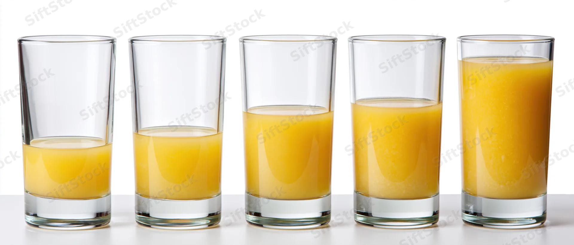 Five identical glasses filled with increasing amounts of orange juice in a row on a white surface