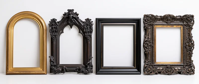 Four ornate antique picture frames arranged side by side on a white surface