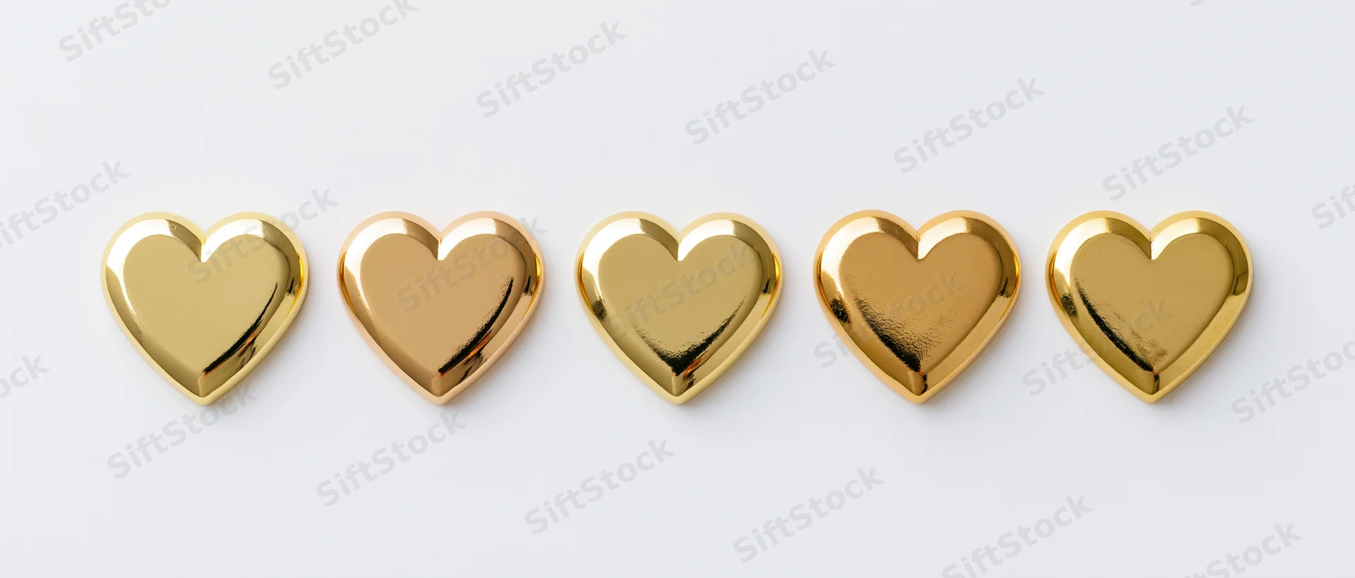 Five polished gold metal hearts arranged in a horizontal row on a white surface