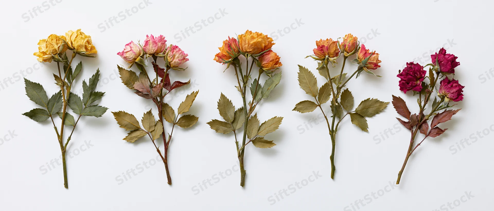 Five pressed dried miniature rose stems arranged in a row on white background