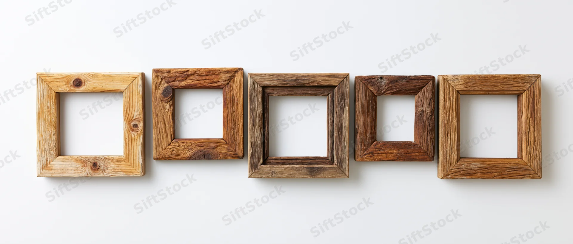 Five rustic square wooden picture frames arranged horizontally on a white wall