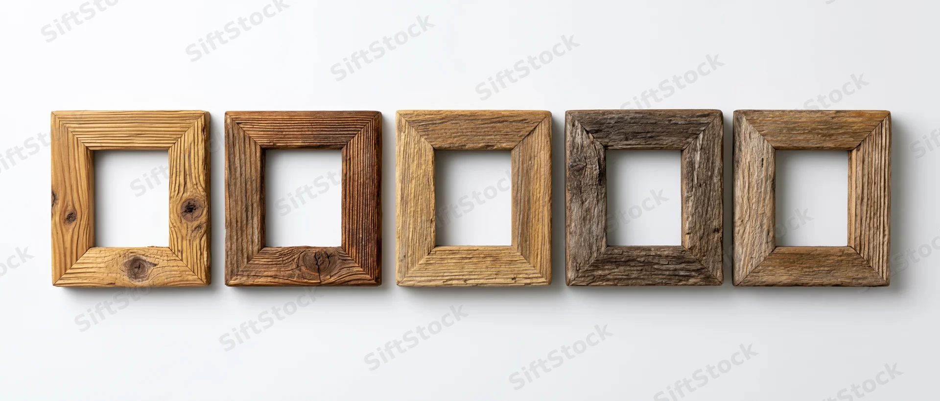 Five rustic square wooden picture frames arranged horizontally on a white wall
