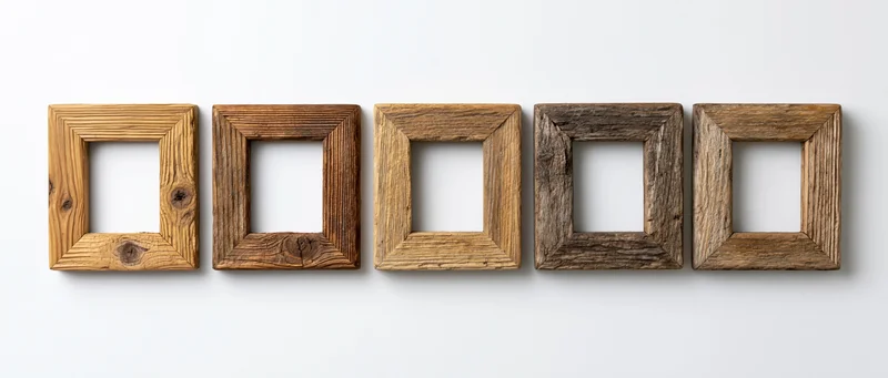 Five rustic square wooden picture frames arranged horizontally on a white wall