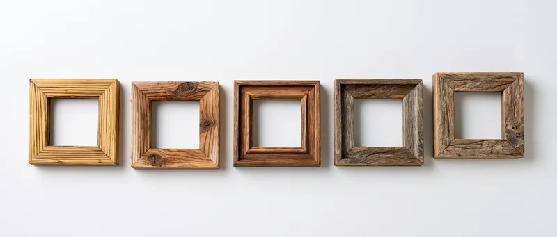 Five rustic square wooden picture frames arranged horizontally on a white wall
