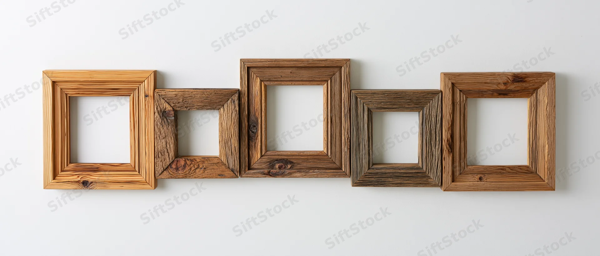 Five rustic wooden picture frames arranged horizontally on a white wall