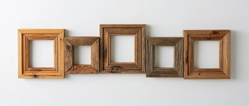Five rustic wooden picture frames arranged horizontally on a white wall