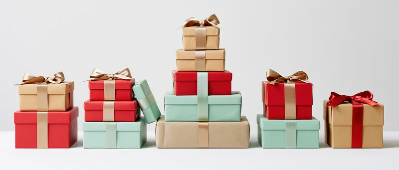 Five stacks of wrapped gift boxes in red, gold, and mint arranged in a row on a white surface