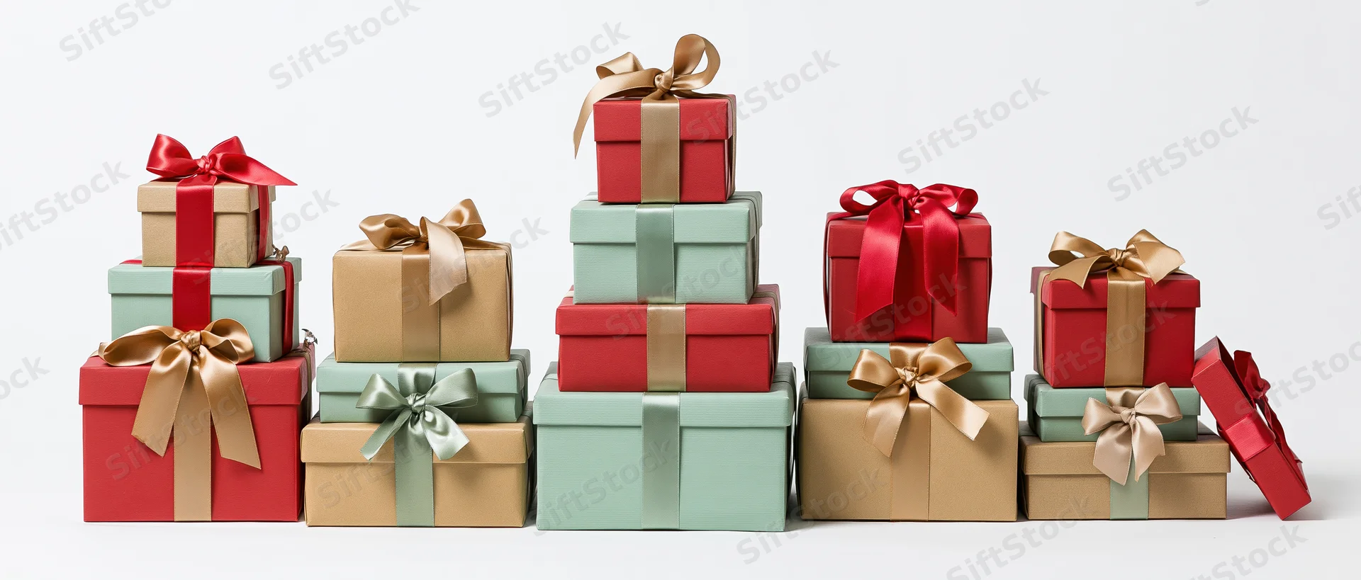 Five piles of wrapped gift boxes in red, green, and beige with ribbons arranged in a row on a white background