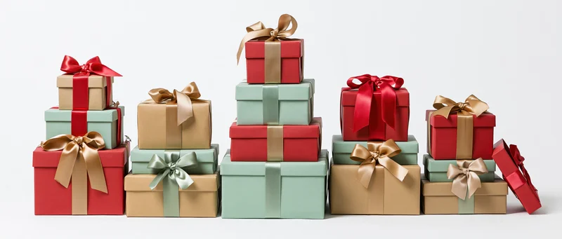 Five piles of wrapped gift boxes in red, green, and beige with ribbons arranged in a row on a white background