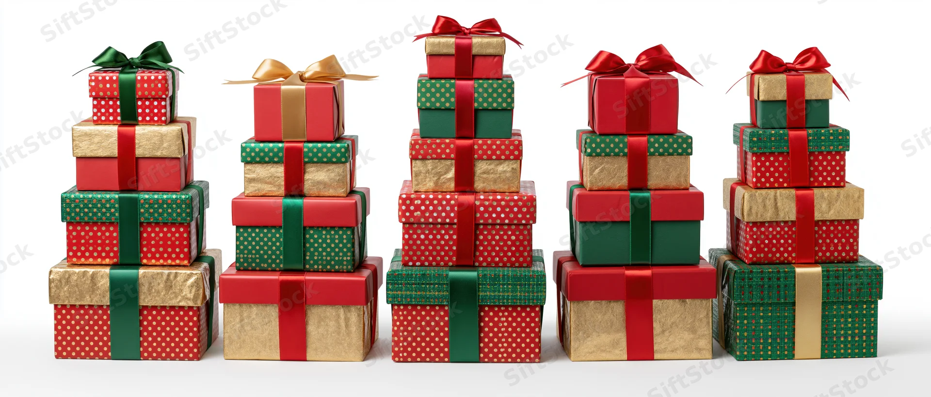 Five stacked piles of wrapped christmas gift boxes arranged in a row on white background