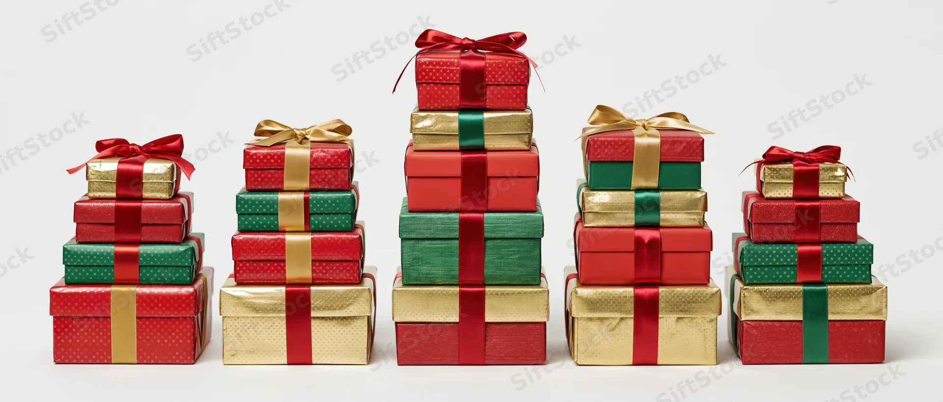 Five stacks of wrapped christmas gift boxes arranged in a row on white background
