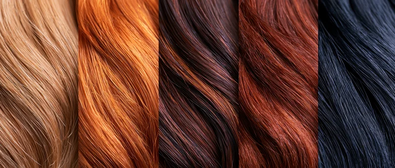 Five close-up hair swatches in different colors arranged side by side