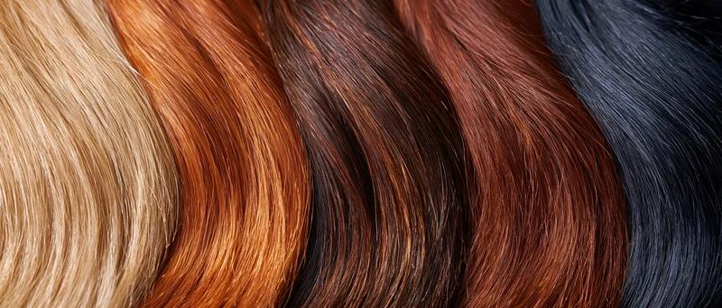 Five side-by-side close-up hair texture swatches arranged in a row showing different hair colors from blonde to black