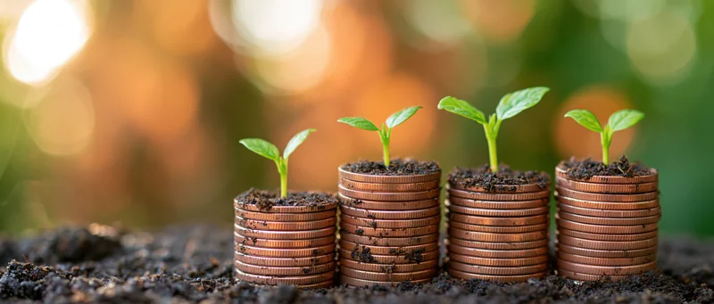 Stacks of copper coins with seedlings growing from soil on top, arranged in ascending height against a blurred natural backdrop
