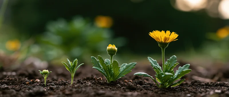 Five stages of a yellow daisy growing in sequence from tiny sprout to full bloom in garden soil