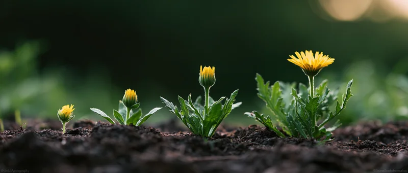Five stages of a yellow daisy growing in soil from seedling to bloom