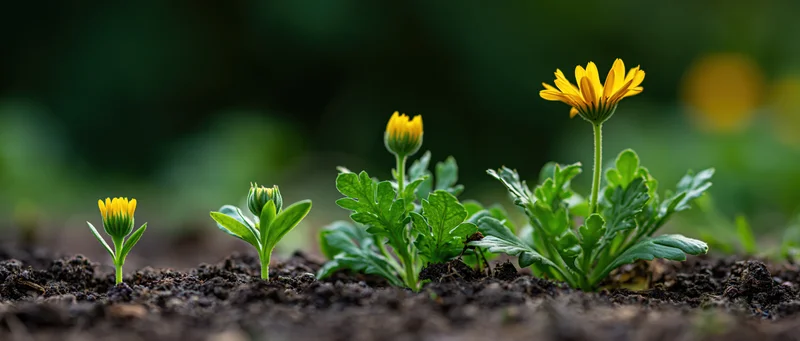 Five stages of a yellow daisy growing in sequence from tiny sprout to full bloom in soil