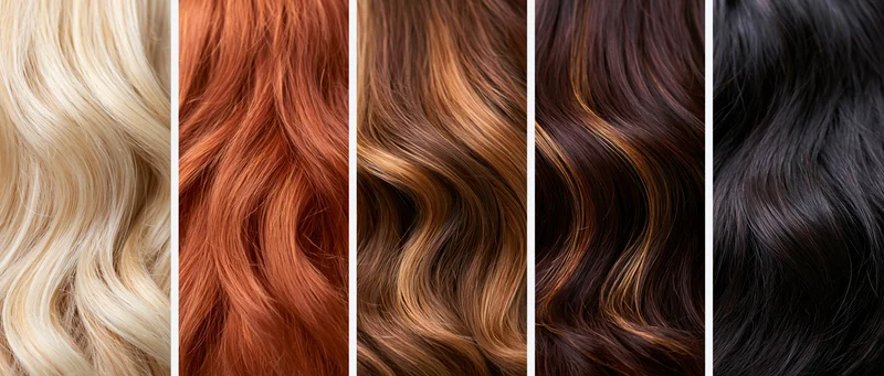 Five vertical panels of wavy hair in different colors arranged side by side