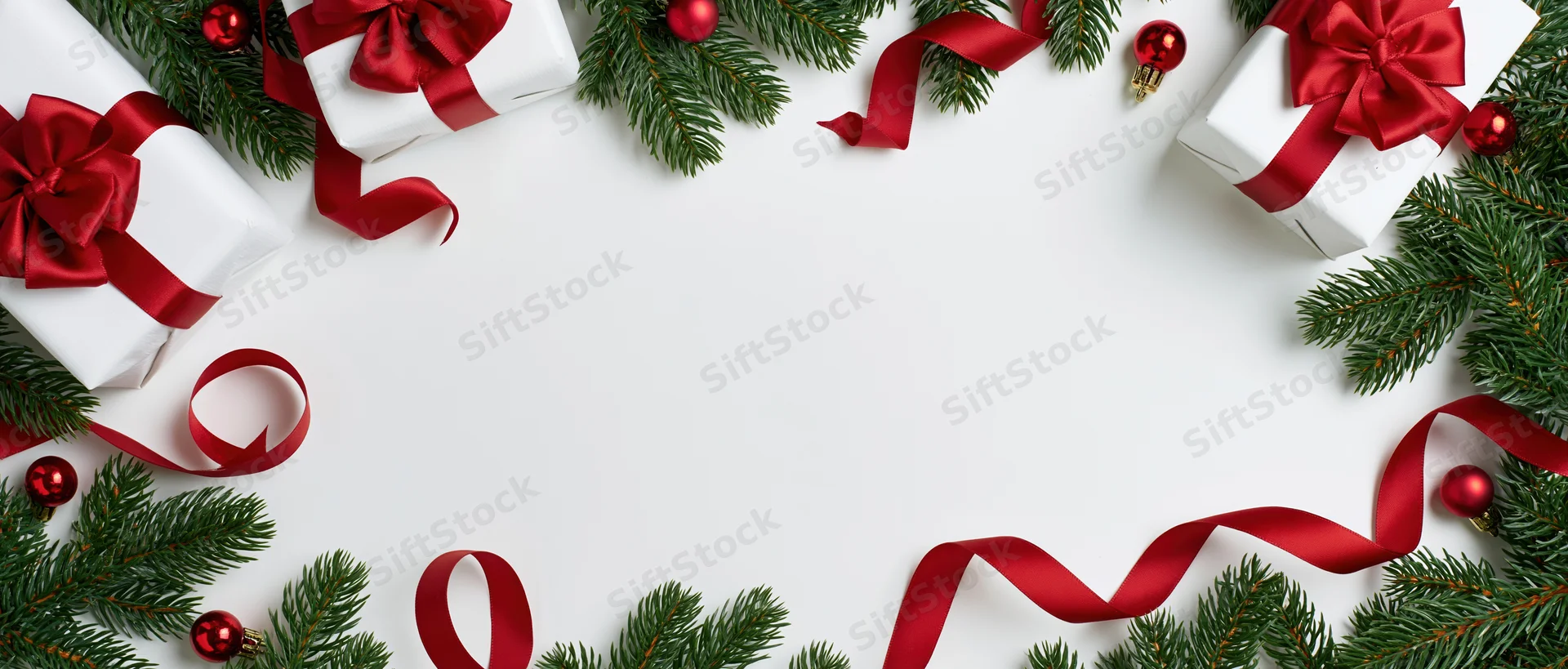 Christmas border arrangement with wrapped gifts, pine branches and red ribbons on white surface