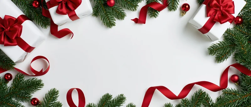 Christmas border arrangement with wrapped gifts, pine branches and red ribbons on white surface
