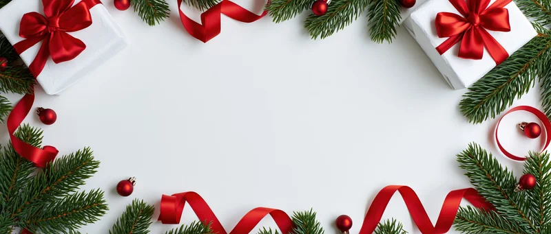 Christmas border arrangement with pine branches, red ribbons, and gift boxes on white surface