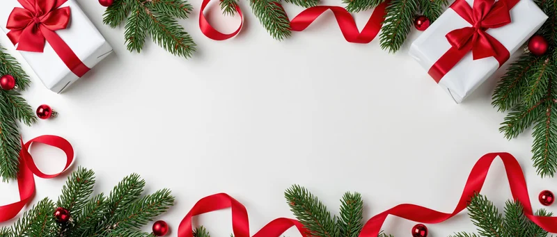 Christmas border arrangement with pine branches, red ribbons, gifts and ornaments on white surface