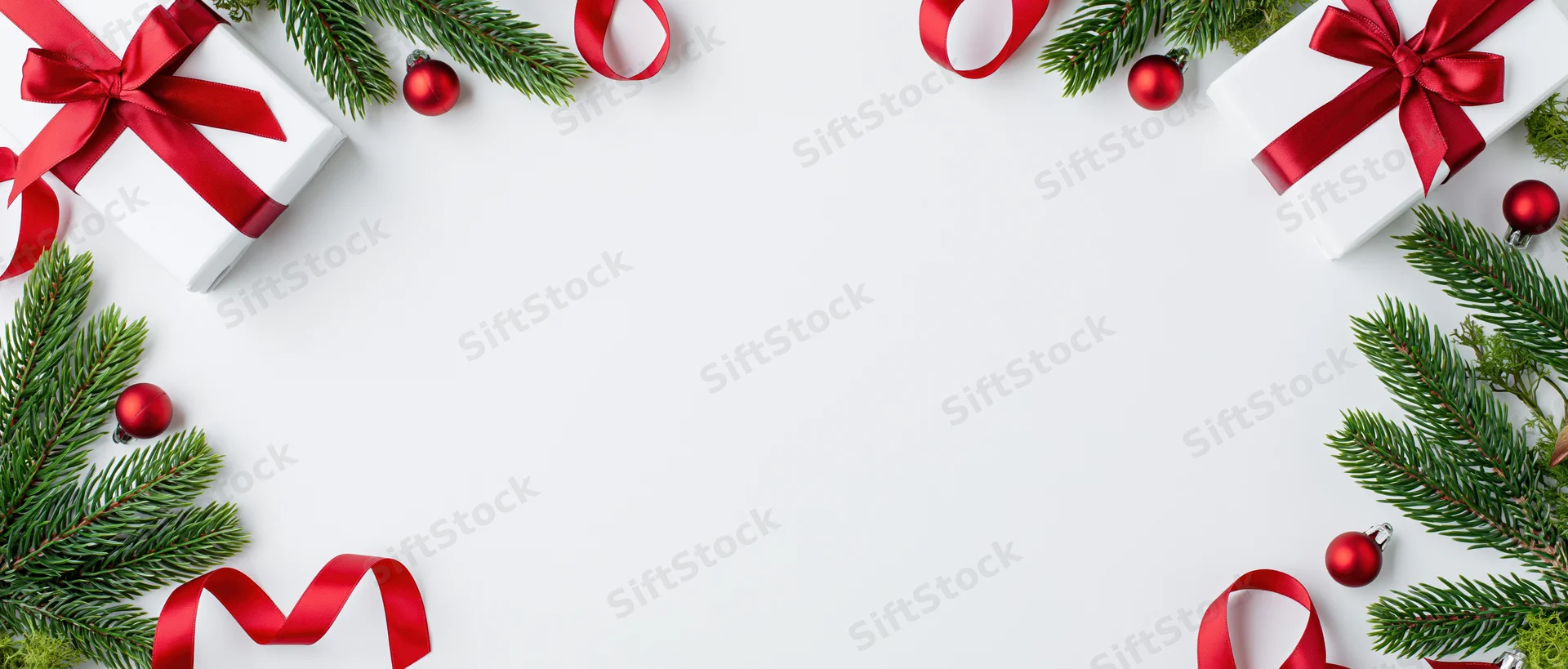 Christmas border arrangement with gifts, ribbons and pine sprigs on white surface