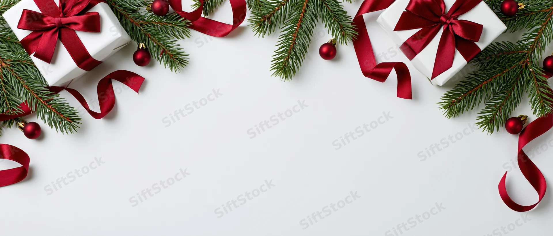 Christmas border with wrapped gifts, pine branches and red ribbons on white surface