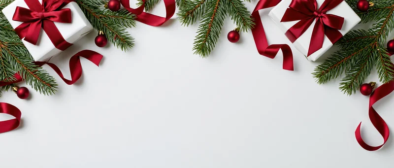 Christmas border with wrapped gifts, pine branches and red ribbons on white surface