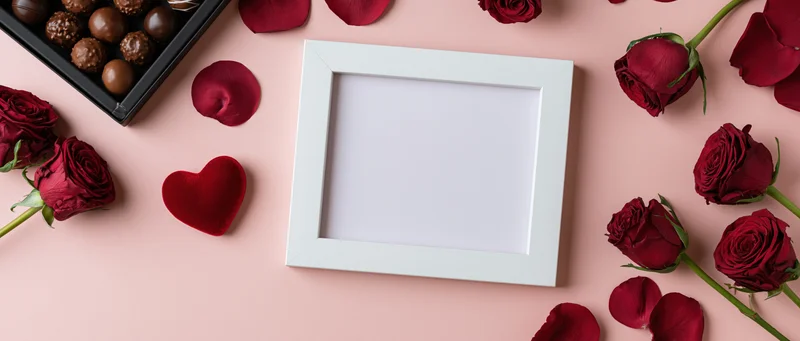 White picture frame with blank interior surrounded by red roses, chocolate, and heart-shaped decor on pink surface