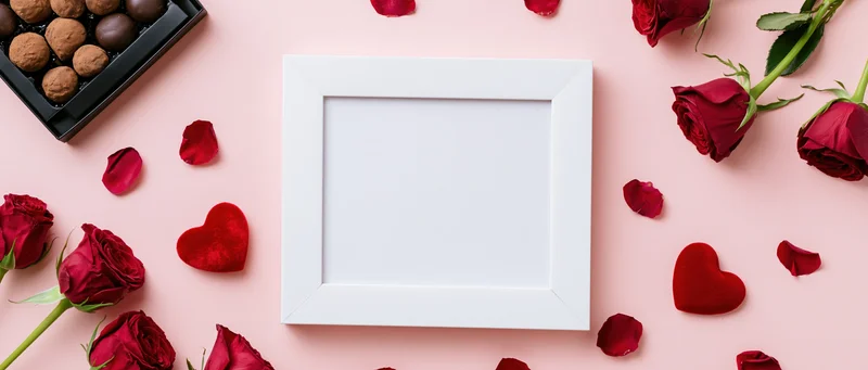 White picture frame with blank interior surrounded by red roses, heart shapes, and chocolate truffles on pink surface