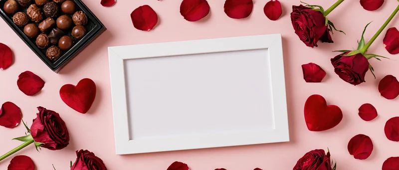 White picture frame with blank interior surrounded by red roses, rose petals, heart-shaped candies, and chocolates on pink surface