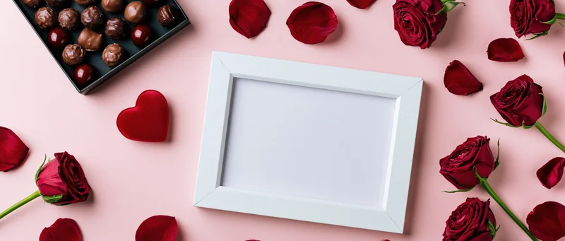 White picture frame with blank interior surrounded by red roses, chocolate candies, and heart-shaped decor on pink surface
