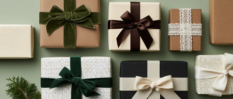 Assorted wrapped gift boxes arranged neatly on a green surface with evergreen foliage