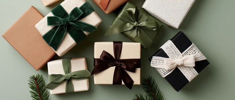 Assorted wrapped gift boxes arranged on a flat surface with pine sprigs and ribbons in various materials and colors