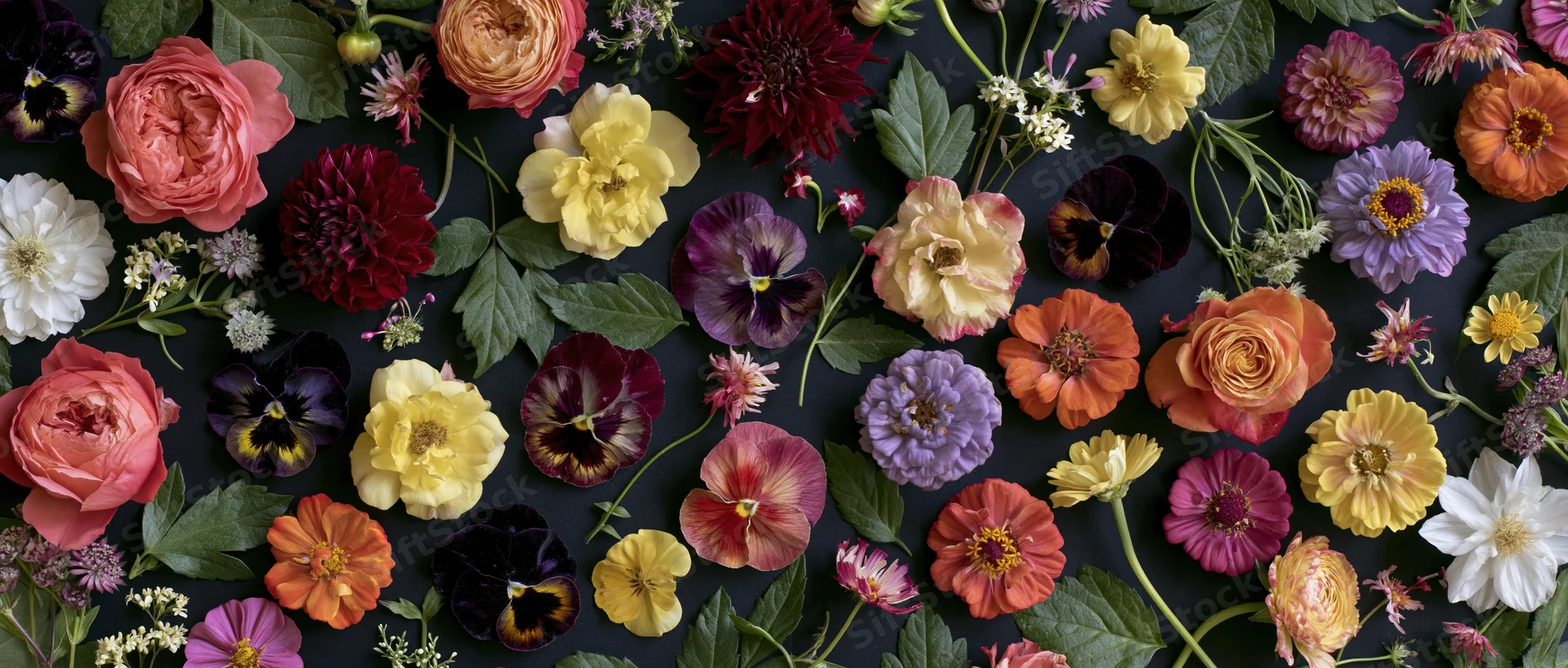 Flat lay of mixed cut flowers and foliage arranged on dark surface