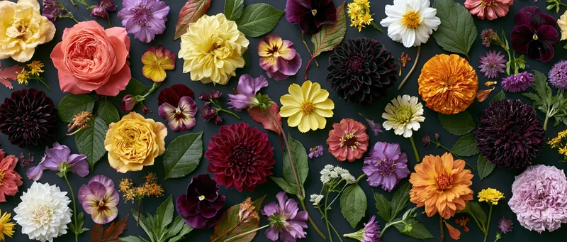 Flat lay of mixed cut flowers and foliage arranged on dark surface