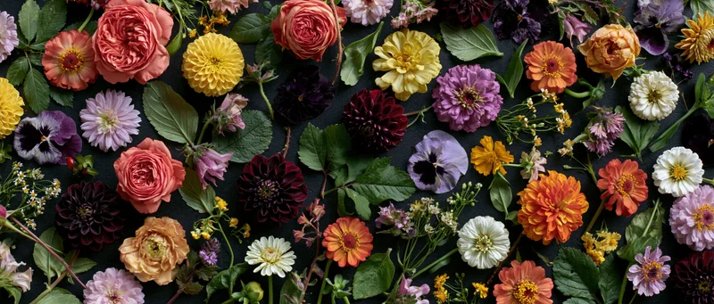 Mixed cut flowers and foliage arranged in a flat lay on dark surface