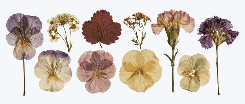 Eight pressed and dried botanical specimens arranged in two rows on a white background