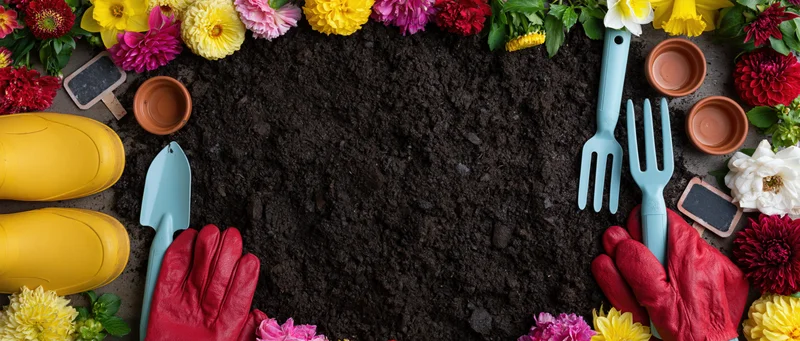 Gardening tools and spring flowers arranged in a frame around dark soil with red gloves and yellow boots