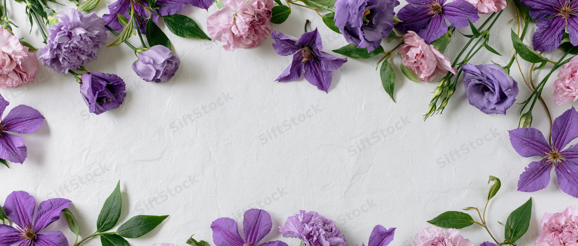 Loose purple and pink flowers arranged in a border on a white textured surface with copyspace