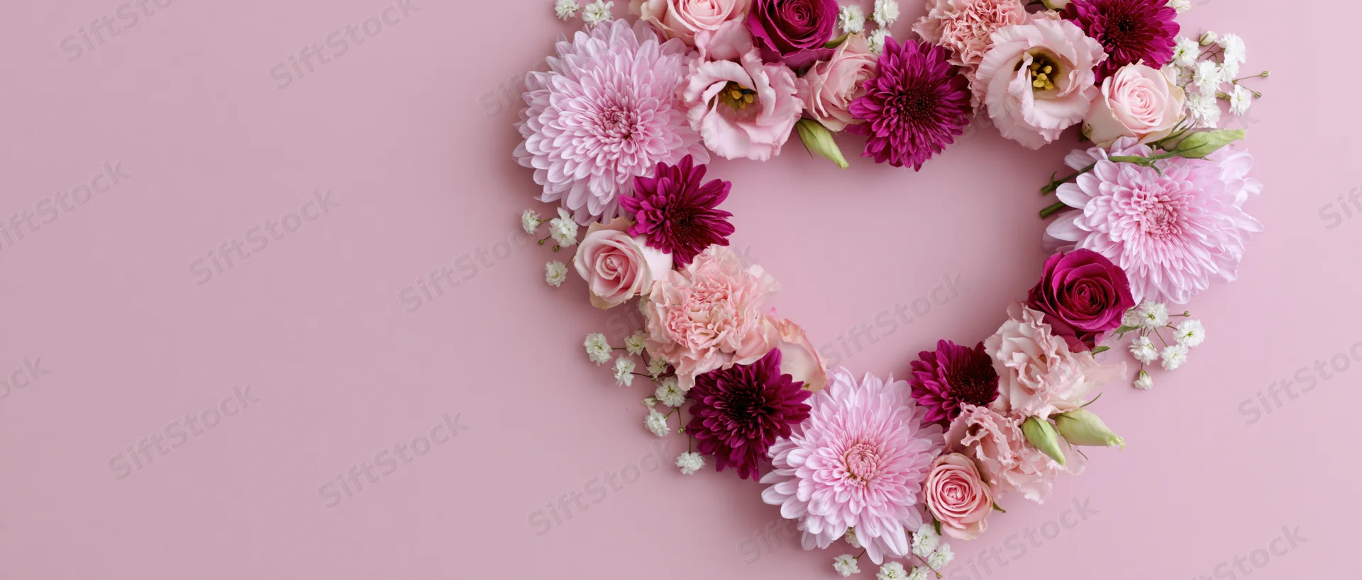 Heart-shaped floral arrangement on pink background with copyspace