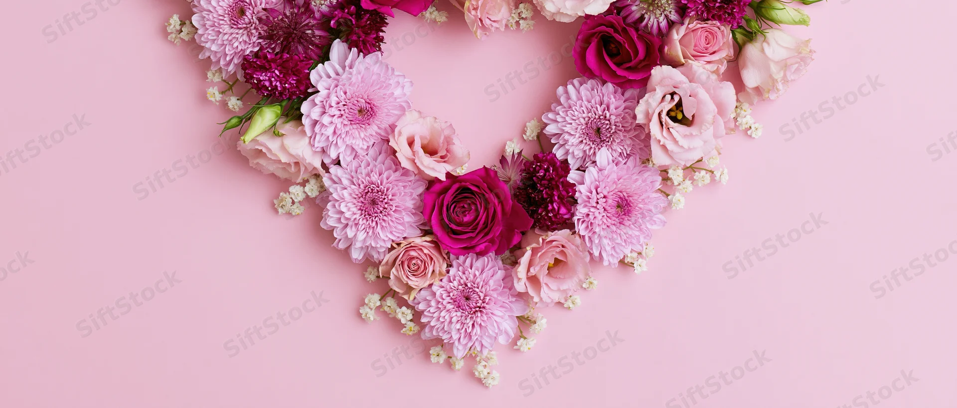 Heart-shaped floral arrangement of pink roses and chrysanthemums on a soft pink background with copyspace