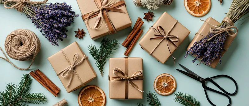 Kraft paper gift boxes tied with twine and ribbon arranged with lavender, cinnamon sticks, dried oranges, pine sprigs, and scissors on a light blue surface