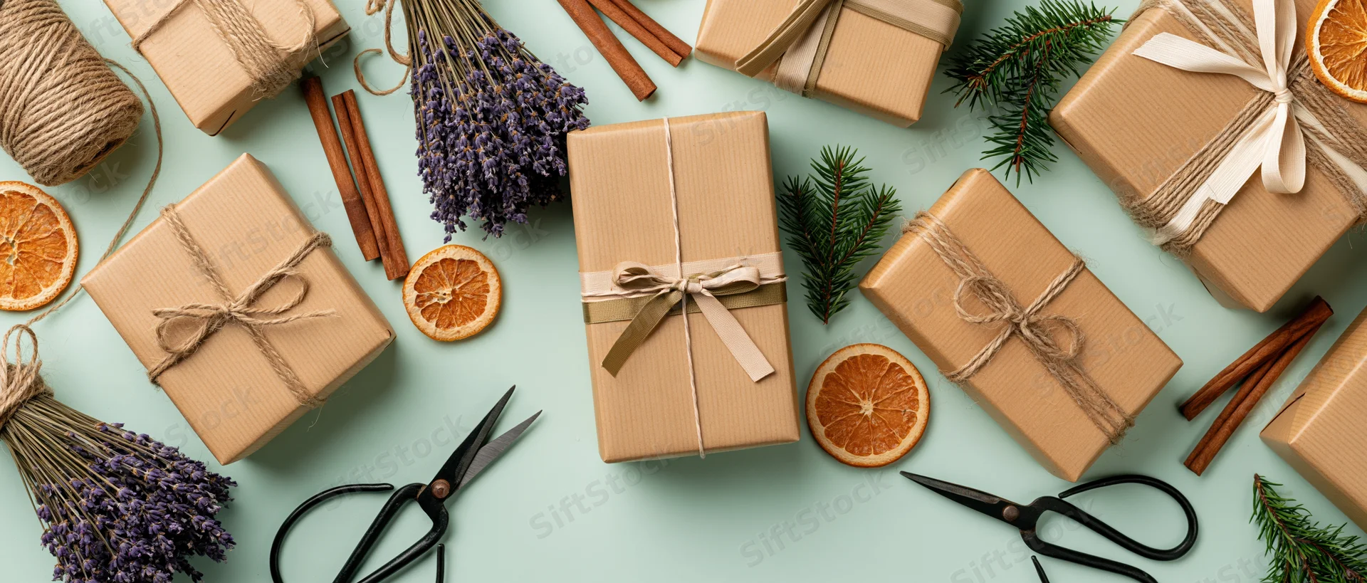 Kraft paper gift boxes wrapped with twine and ribbon arranged with lavender, cinnamon sticks, dried orange slices, pine sprigs, and scissors on a light blue surface