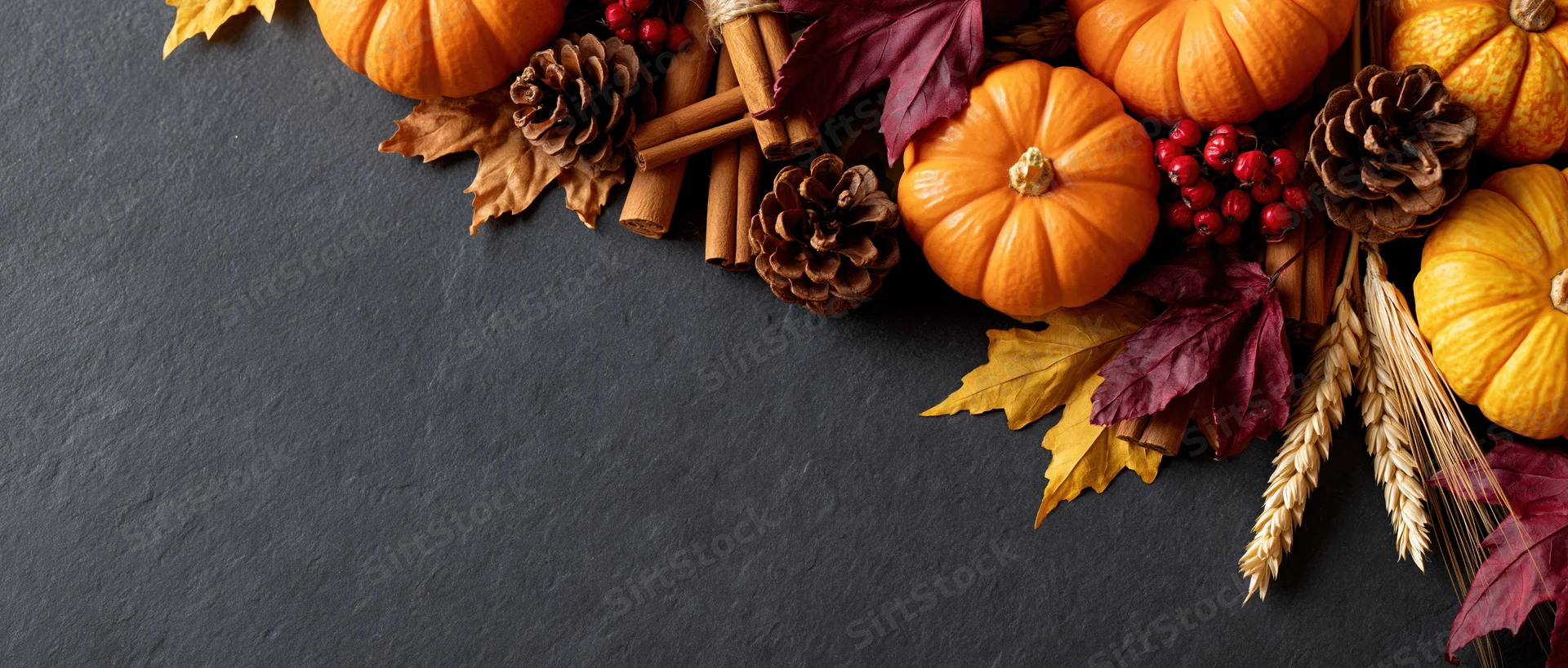 Autumnal arrangement of pumpkins, leaves, pine cones and cinnamon sticks on dark slate surface